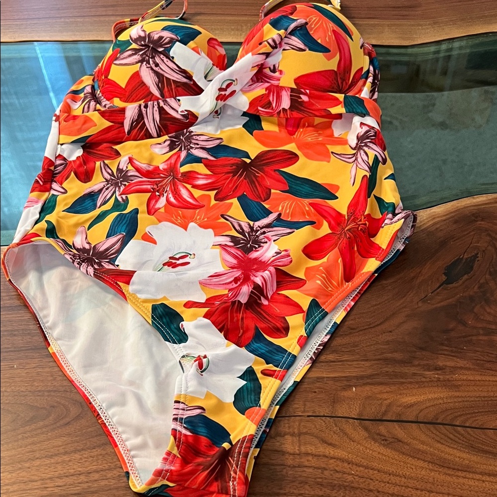 Tropical Floral Twist One-Piece Swimsuit - Yellow/Red